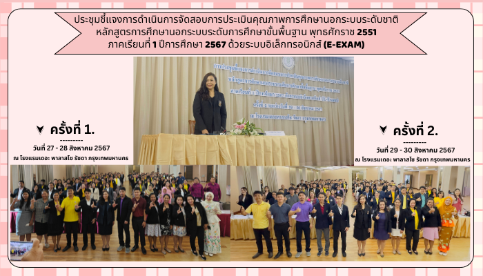 ประชุมชี้แจงการดำเนินการจัดสอบการประเมินคุณภาพการศึกษานอกระบบระดับชาติ-หลักสูตรการศึกษานอกระบบระดับการศึกษาขั้นพื้นฐาน-พุทธศักราช-2551-ภาคเรียนที่-1-ปีการศึกษา-2567-ด้วยระบบอิเล็กทรอนิกส์-e-exam